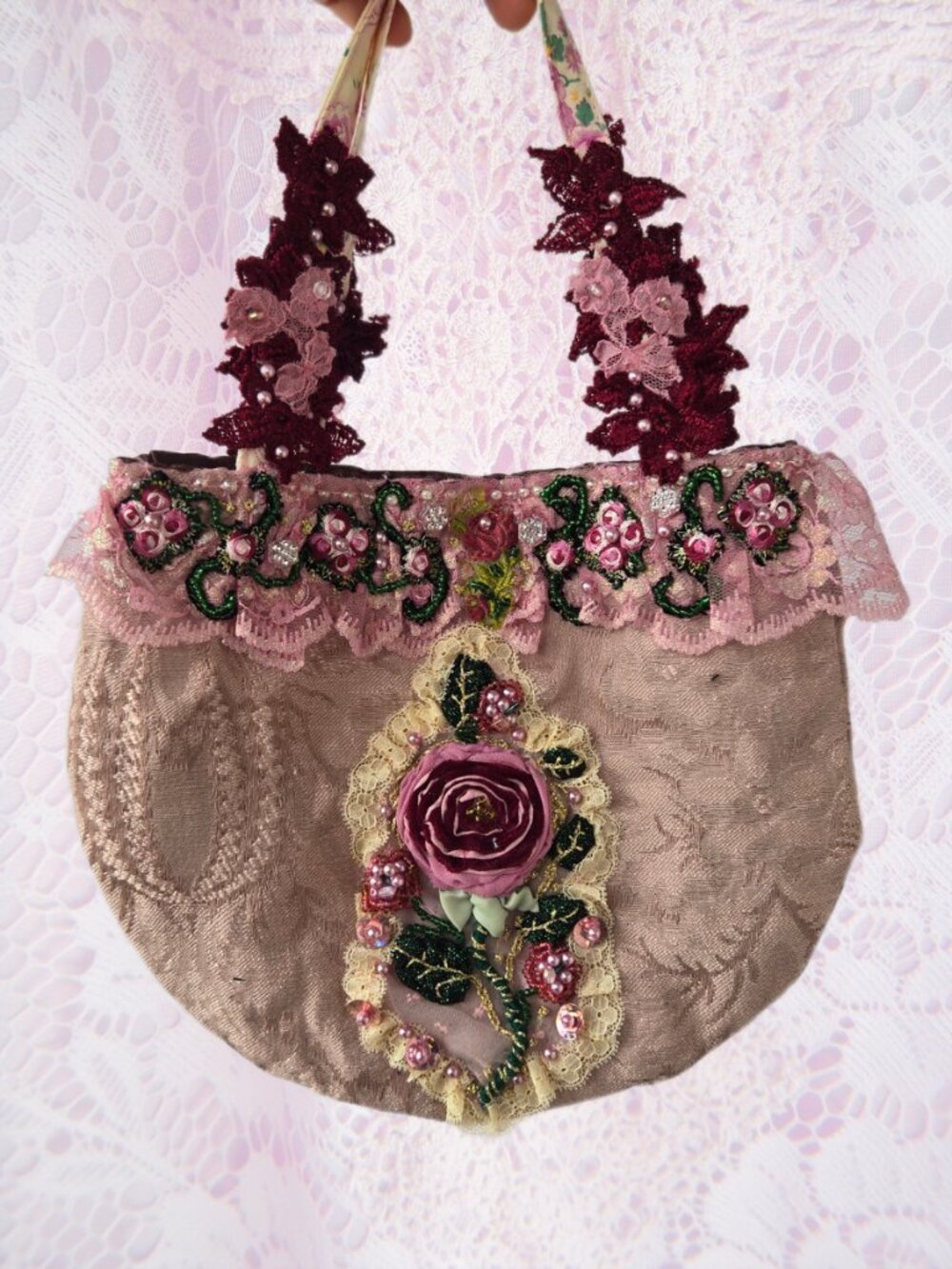 Handmade Embroidered Rose U-Shaped Handbag Cottagecore Vintage-Style Fairycore